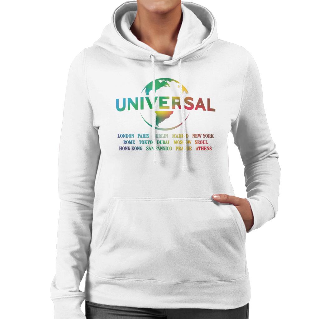 Universal Pictures Rainbow Logo Locations Women's Hooded Sweatshirt-ALL + EVERY