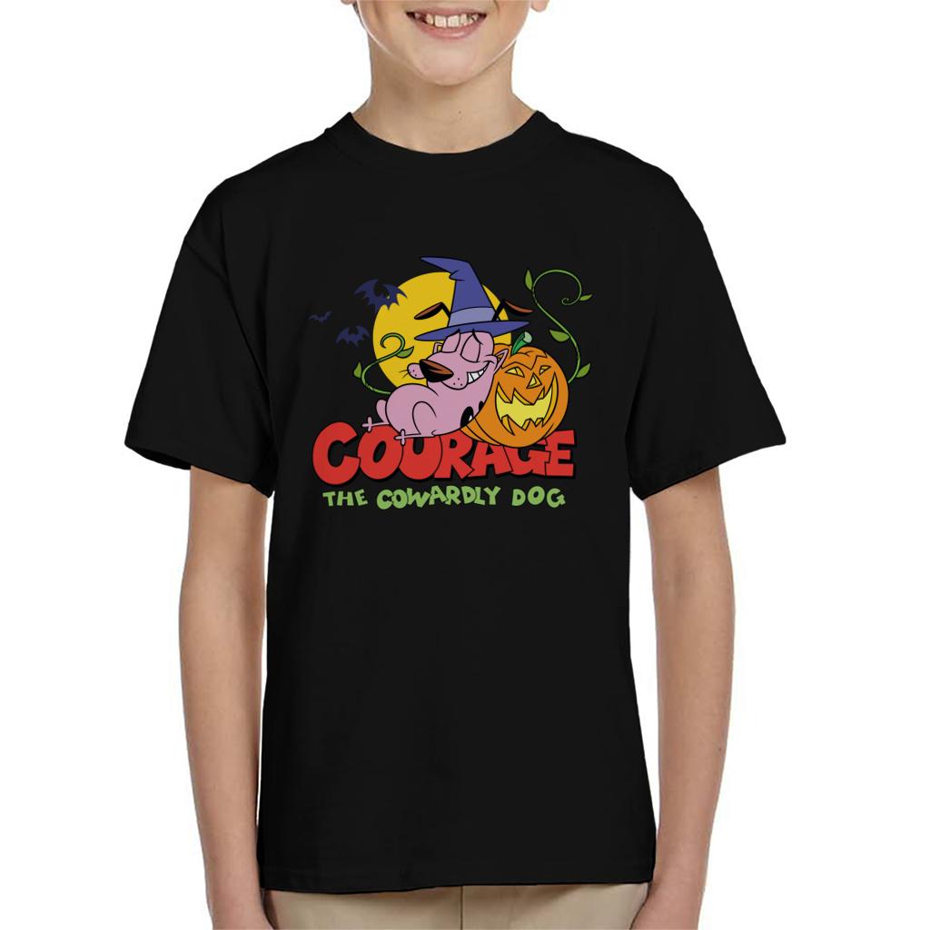 Courage The Cowardly Dog Halloween Leaning On Pumpkin Kid's T-Shirt-ALL + EVERY