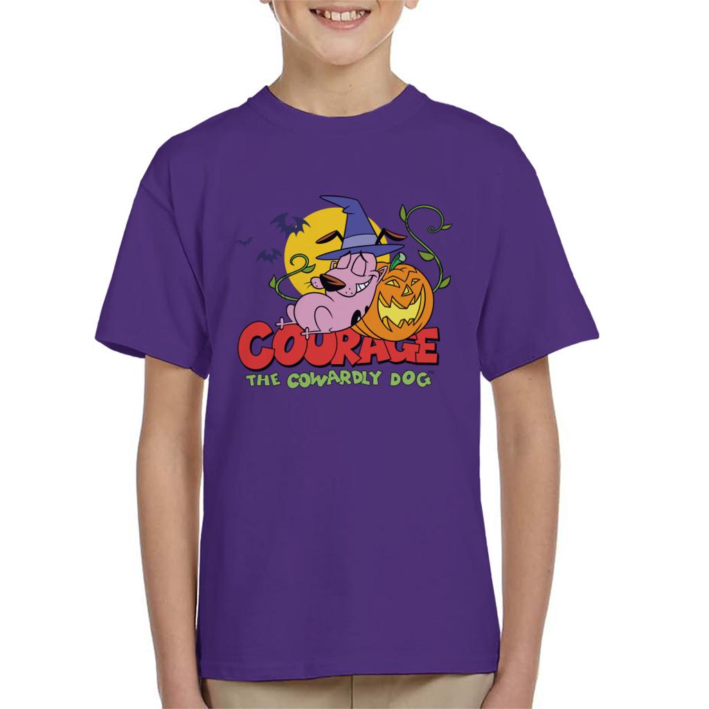 Courage The Cowardly Dog Halloween Leaning On Pumpkin Kid's T-Shirt-ALL + EVERY