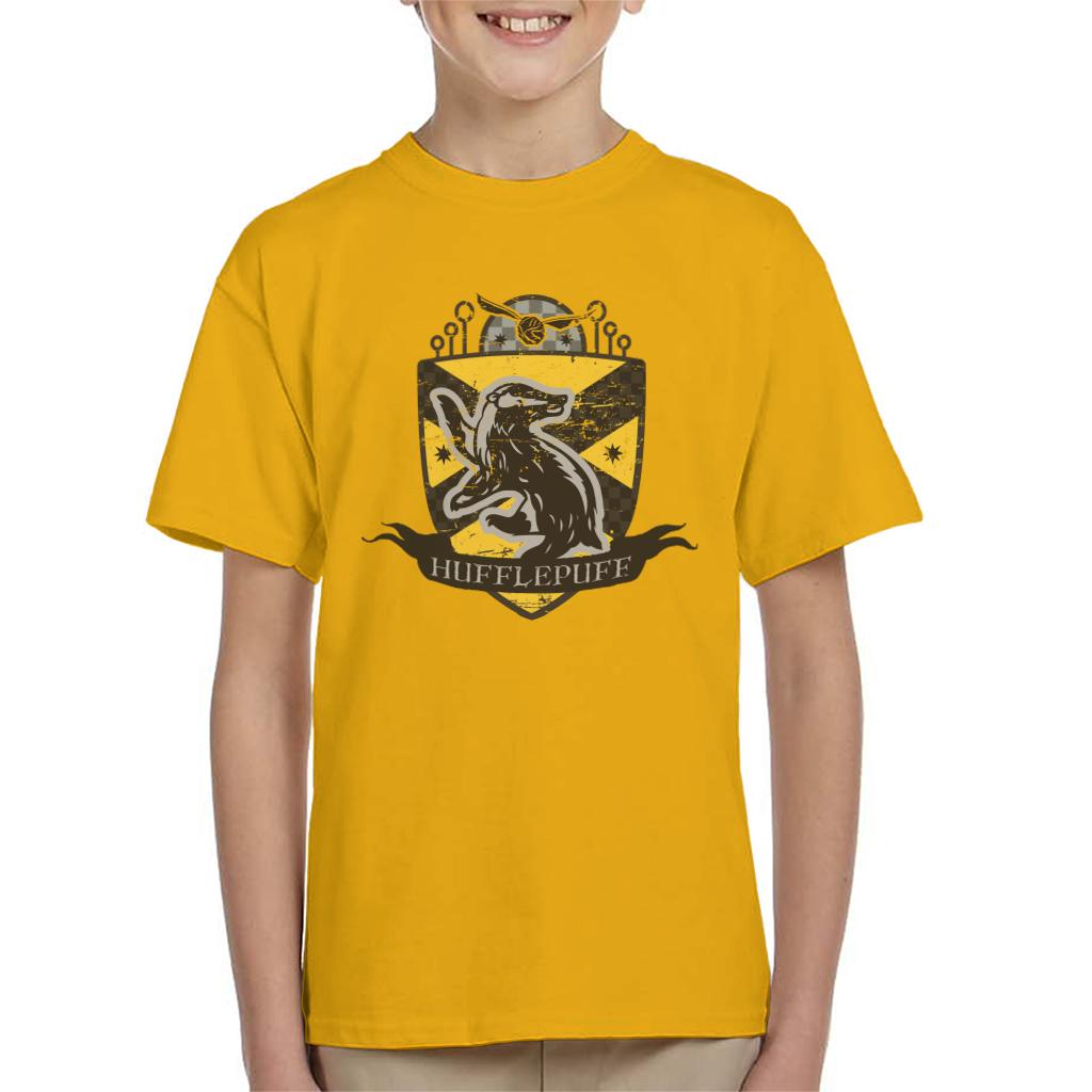 Harry Potter Hufflepuff Quidditch Distressed Shield Kid's T-Shirt-ALL + EVERY