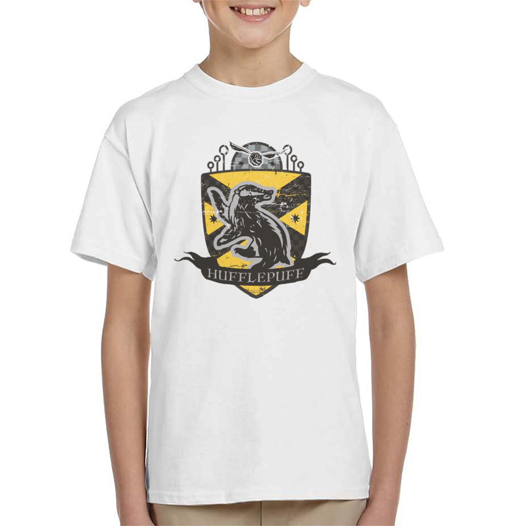 Harry Potter Hufflepuff Quidditch Distressed Shield Kid's T-Shirt-ALL + EVERY