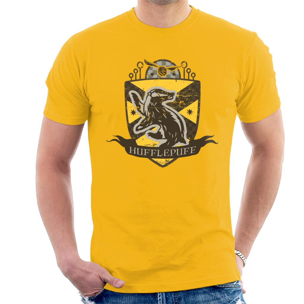 Harry Potter Hufflepuff Quidditch Distressed Shield Men's T-Shirt-ALL + EVERY