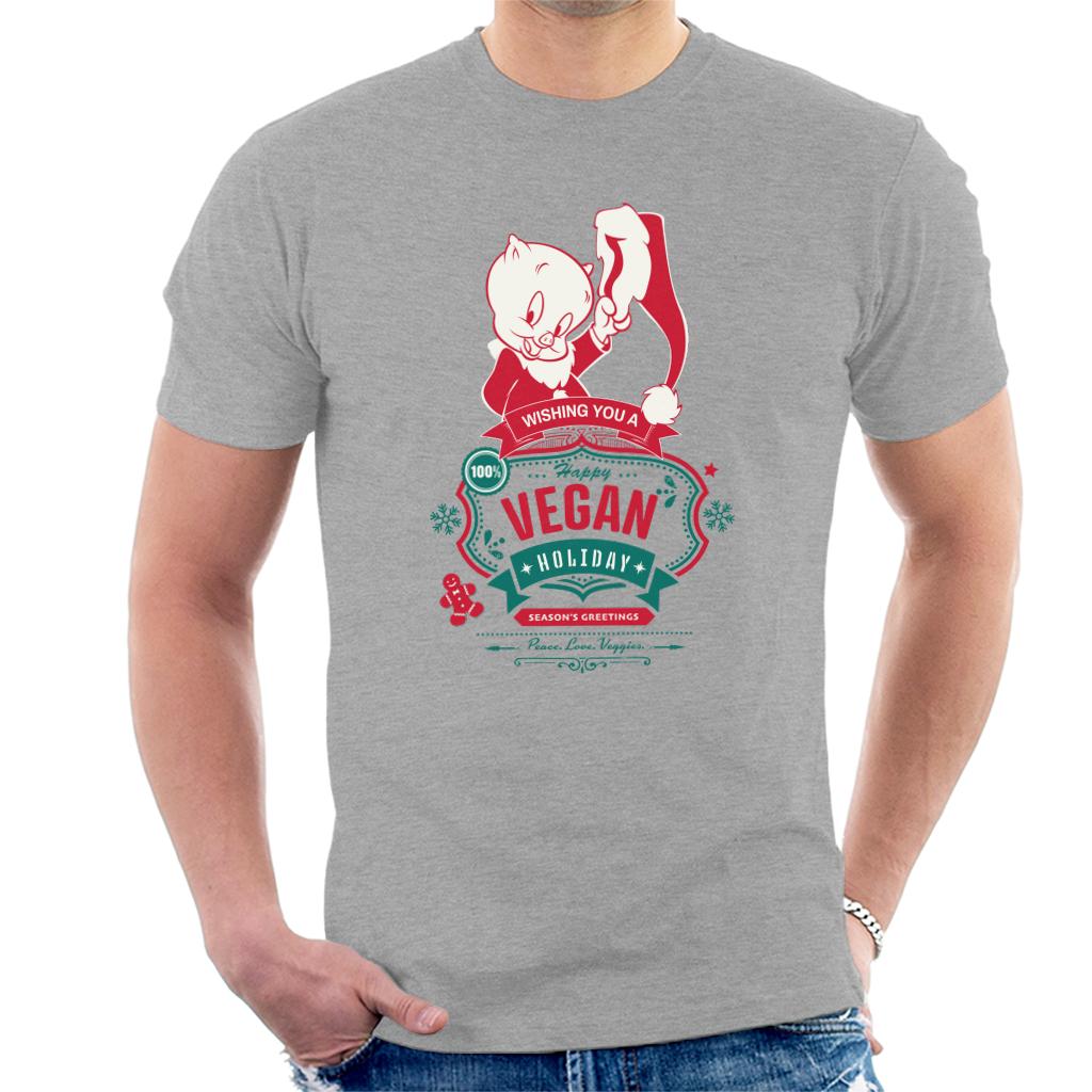 Looney Tunes Christmas Porky Pig Happy Vegan Holiday Men's T-Shirt-ALL + EVERY