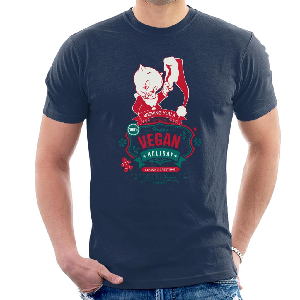 Looney Tunes Christmas Porky Pig Happy Vegan Holiday Men's T-Shirt-ALL + EVERY