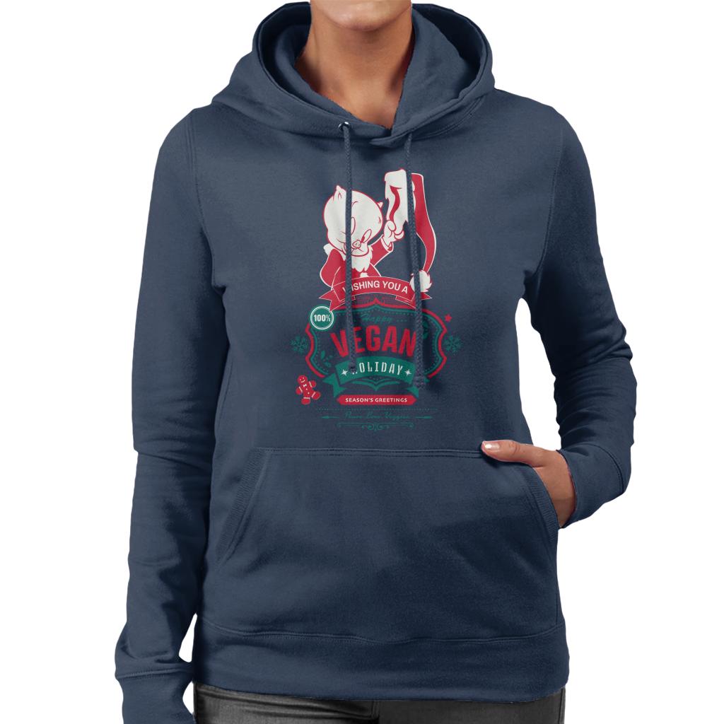 Looney Tunes Christmas Porky Pig Happy Vegan Holiday Women's Hooded Sweatshirt-ALL + EVERY