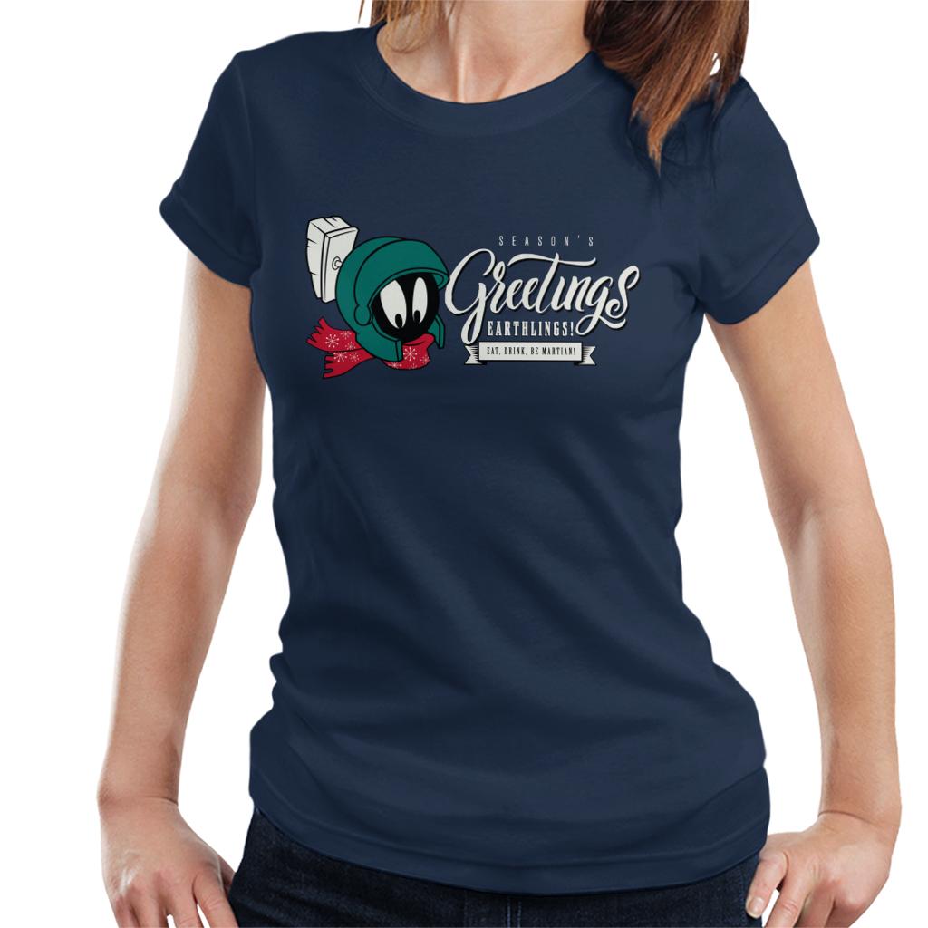 Looney Tunes Christmas Marvin Season's Greetings Earthlings Women's T-Shirt-ALL + EVERY