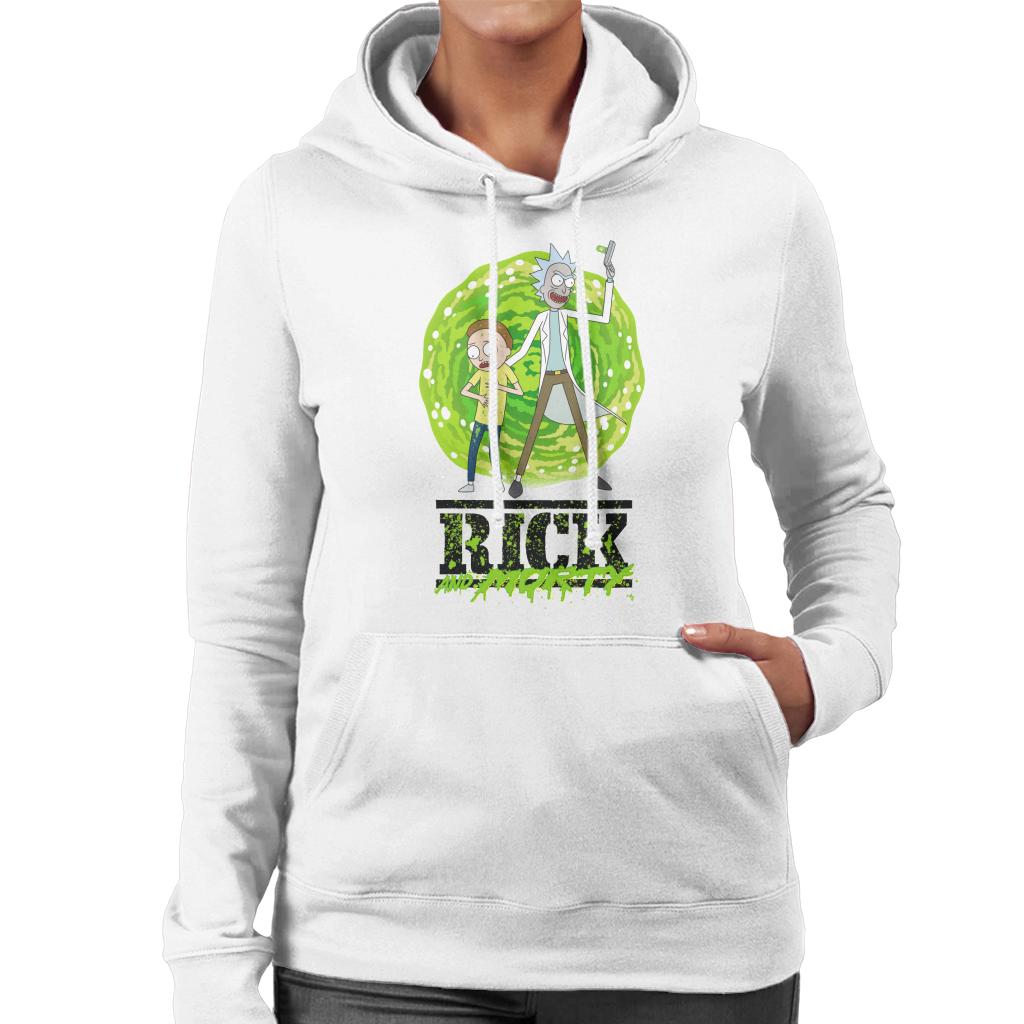 Rick and Morty Portal Green Splatter Text Women's Hooded Sweatshirt-ALL + EVERY