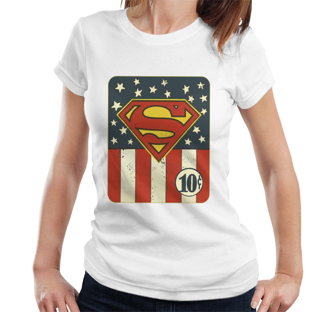 Superman US Flag Golden Age 10c Art Women's T-Shirt-ALL + EVERY