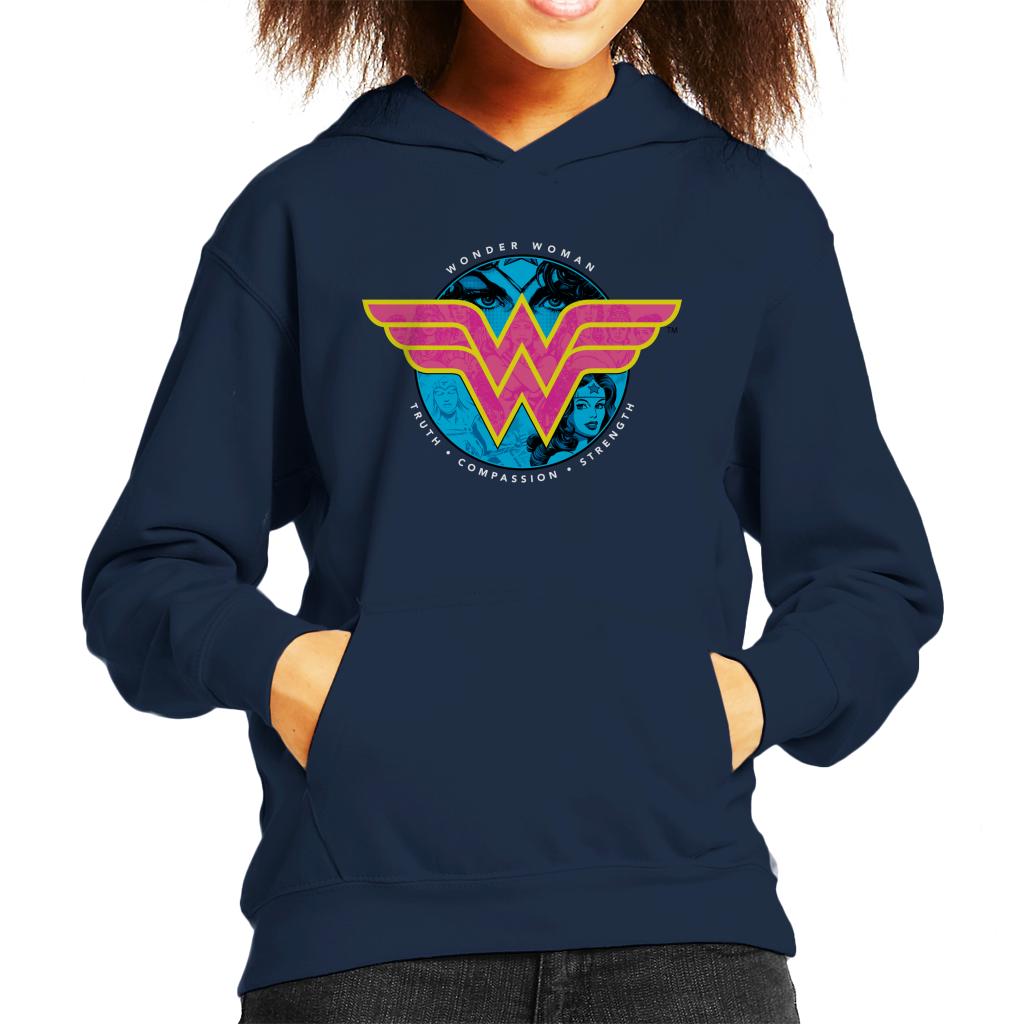 Wonder Woman Truth Compassion Strength Logo Kid's Hooded Sweatshirt-ALL + EVERY