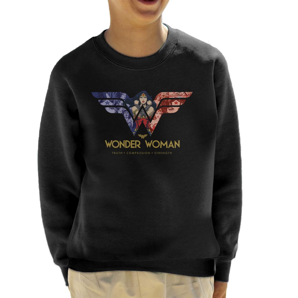 Wonder Woman Truth Compassion Strength W Montage Kid's Sweatshirt-ALL + EVERY