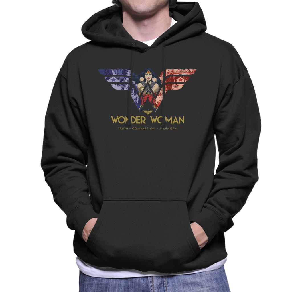 Wonder Woman Truth Compassion Strength W Montage Men's Hooded Sweatshirt-ALL + EVERY