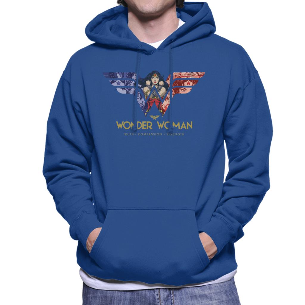 Wonder Woman Truth Compassion Strength W Montage Men's Hooded Sweatshirt-ALL + EVERY