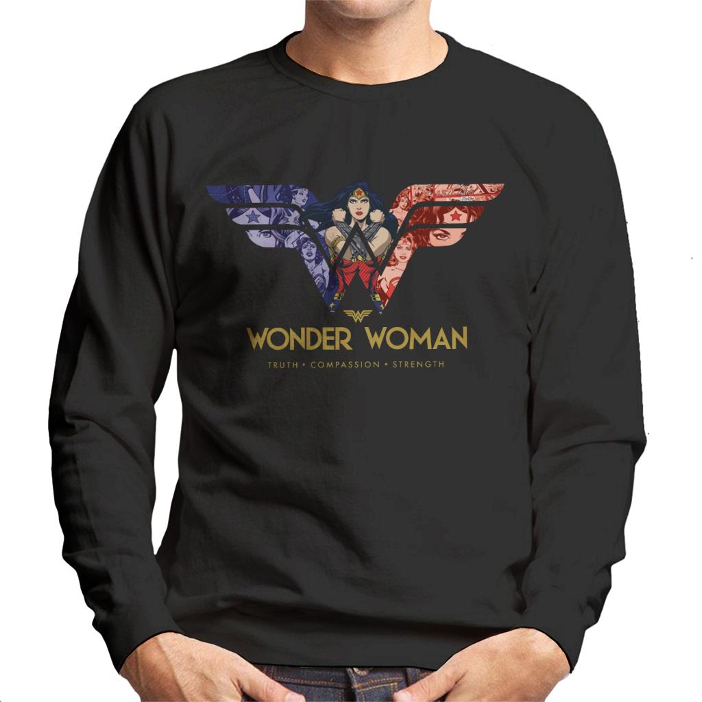 Wonder Woman Truth Compassion Strength W Montage Men's Sweatshirt-ALL + EVERY