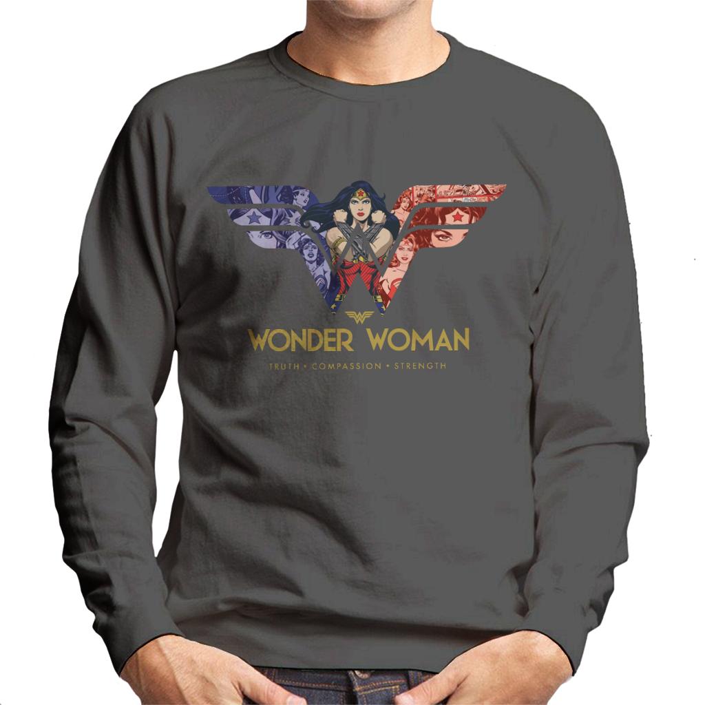 Wonder Woman Truth Compassion Strength W Montage Men's Sweatshirt-ALL + EVERY