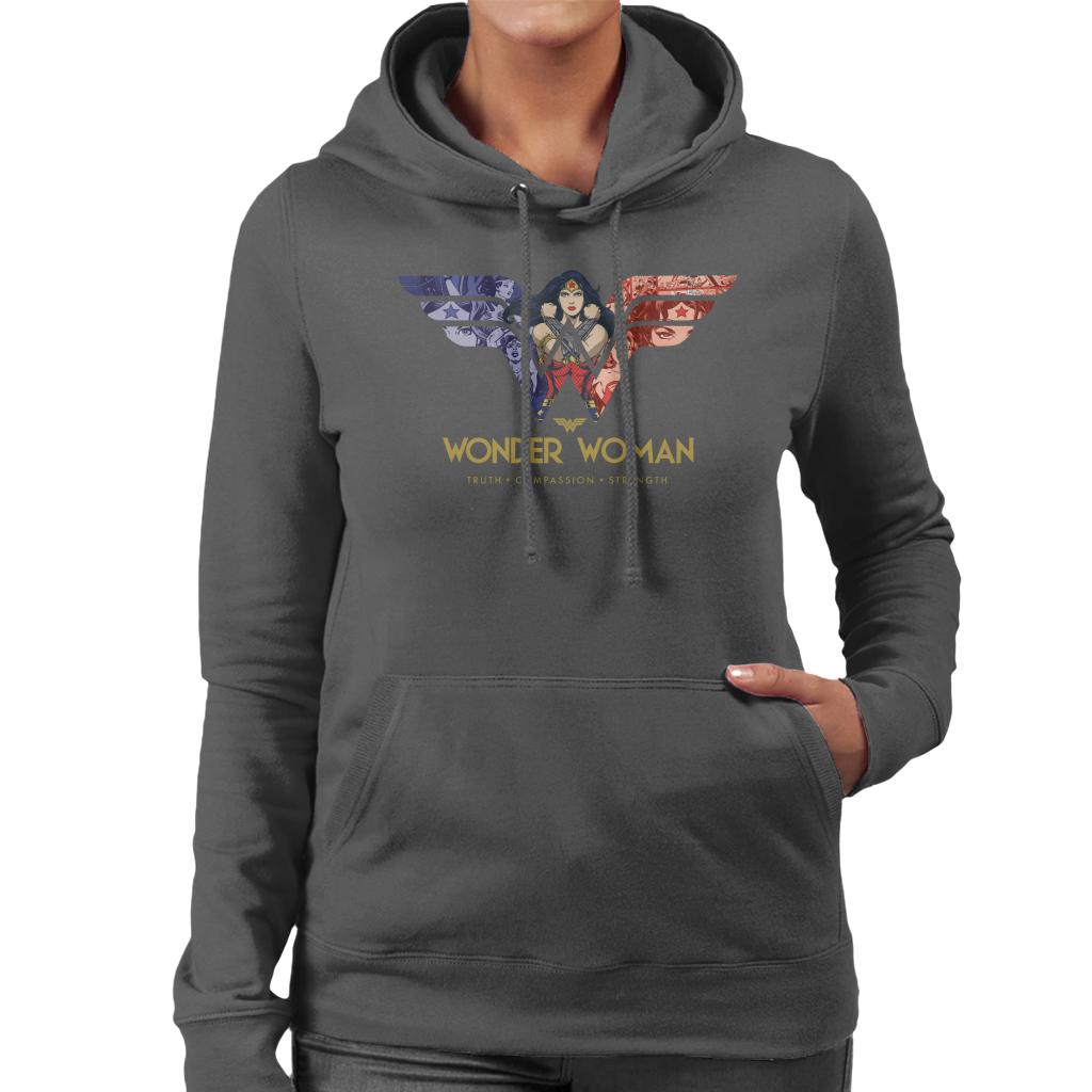 Wonder Woman Truth Compassion Strength W Montage Women's Hooded Sweatshirt-ALL + EVERY