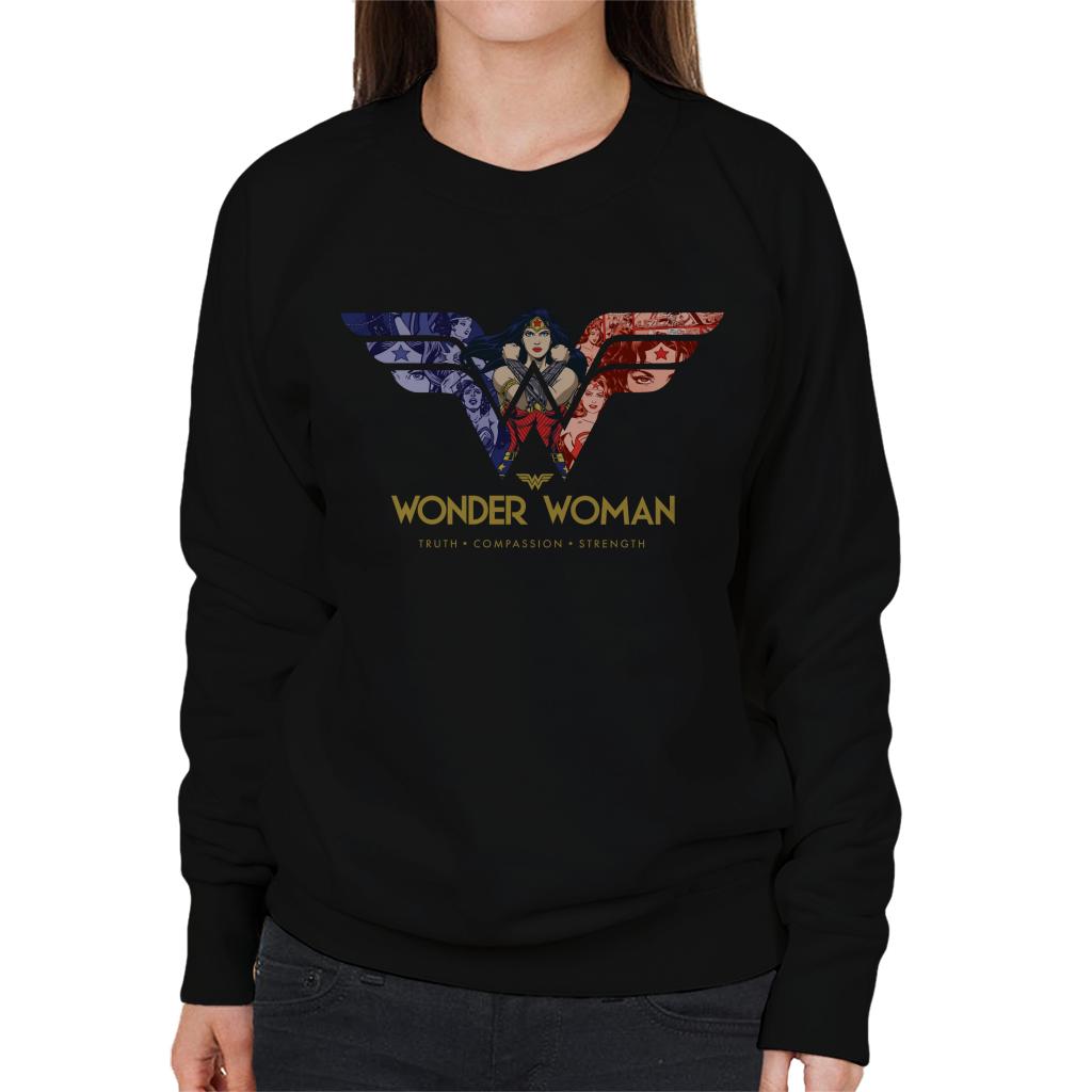 Wonder Woman Truth Compassion Strength W Montage Women's Sweatshirt-ALL + EVERY