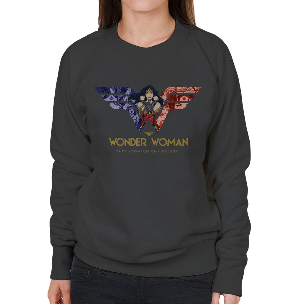 Wonder Woman Truth Compassion Strength W Montage Women's Sweatshirt-ALL + EVERY