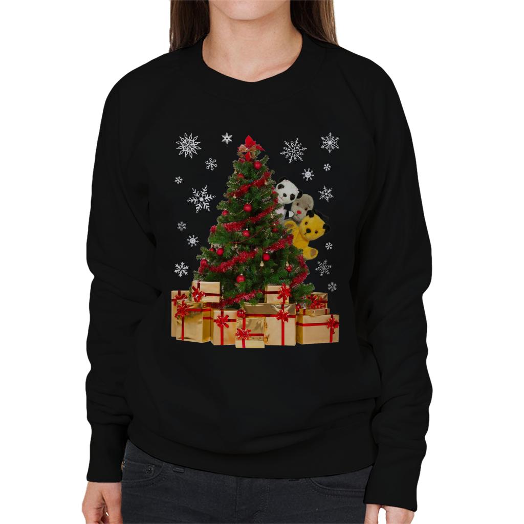 Sooty Christmas Characters Peeking Around Xmas Tree Women's Sweatshirt-ALL + EVERY