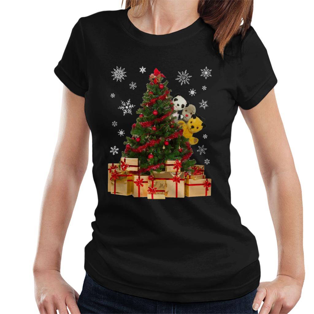 Sooty Christmas Characters Peeking Around Xmas Tree Women's T-Shirt-ALL + EVERY