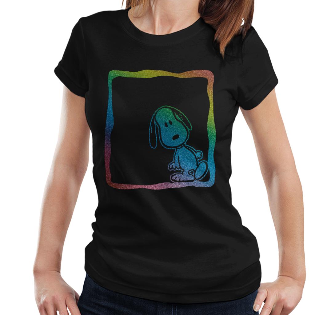 Peanuts-Snoopy-Frame-Lean-Rainbow-Womens-T-Shirt